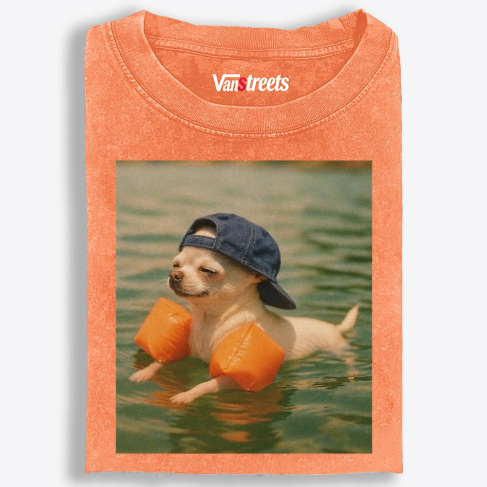 Chihuahua With Arm Floaties Swimming Meme Retro Washed T-Shirt | 100% Cotton | Streetwear Essential