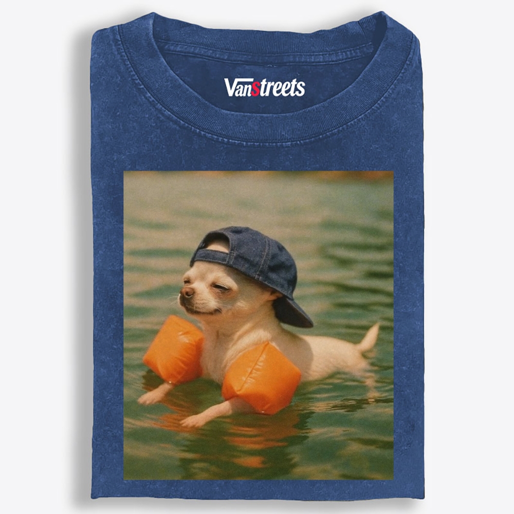 Chihuahua With Arm Floaties Swimming Meme Retro Washed T-Shirt | 100% Cotton | Streetwear Essential