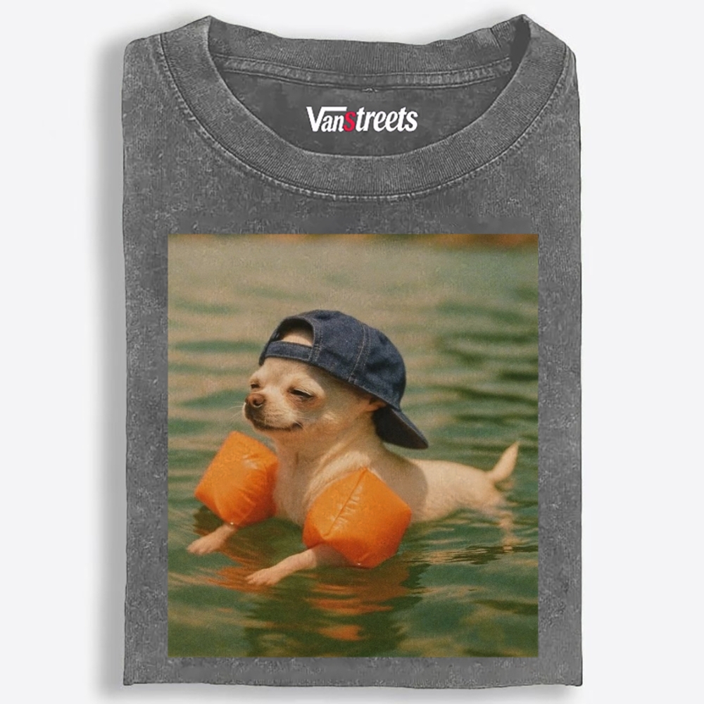 Chihuahua With Arm Floaties Swimming Meme Retro Washed T-Shirt | 100% Cotton | Streetwear Essential