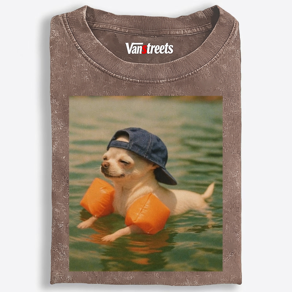 Chihuahua With Arm Floaties Swimming Meme Retro Washed T-Shirt | 100% Cotton | Streetwear Essential