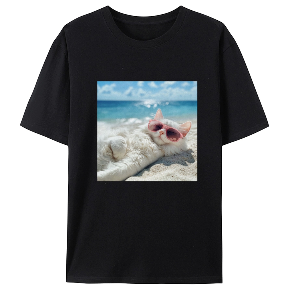 Lazy Beach Cat Sunbathing Designed for Women - Slim Fit Cotton Tee