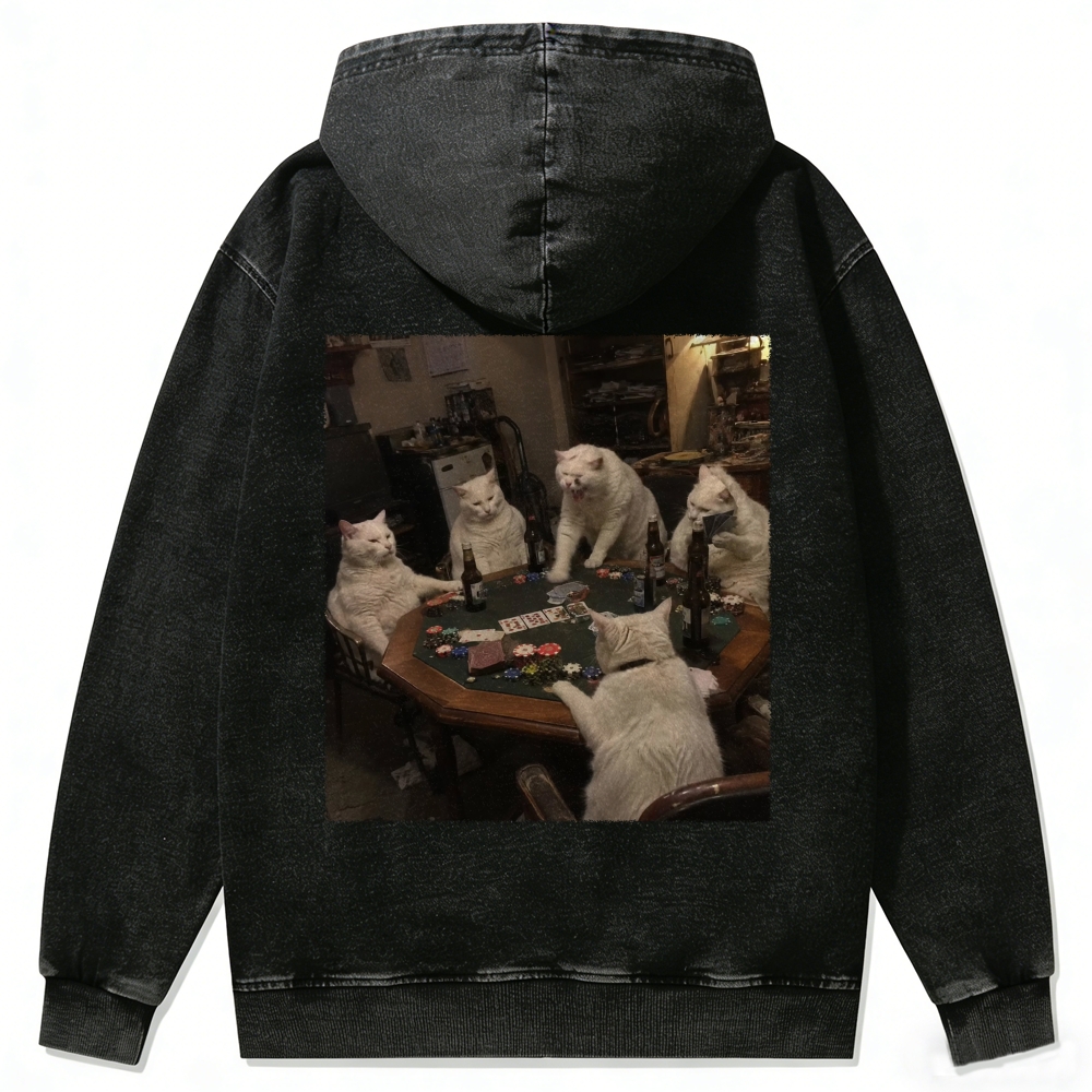 White Cats Mahjong Night Retro Washed Zip-Up Hoodie