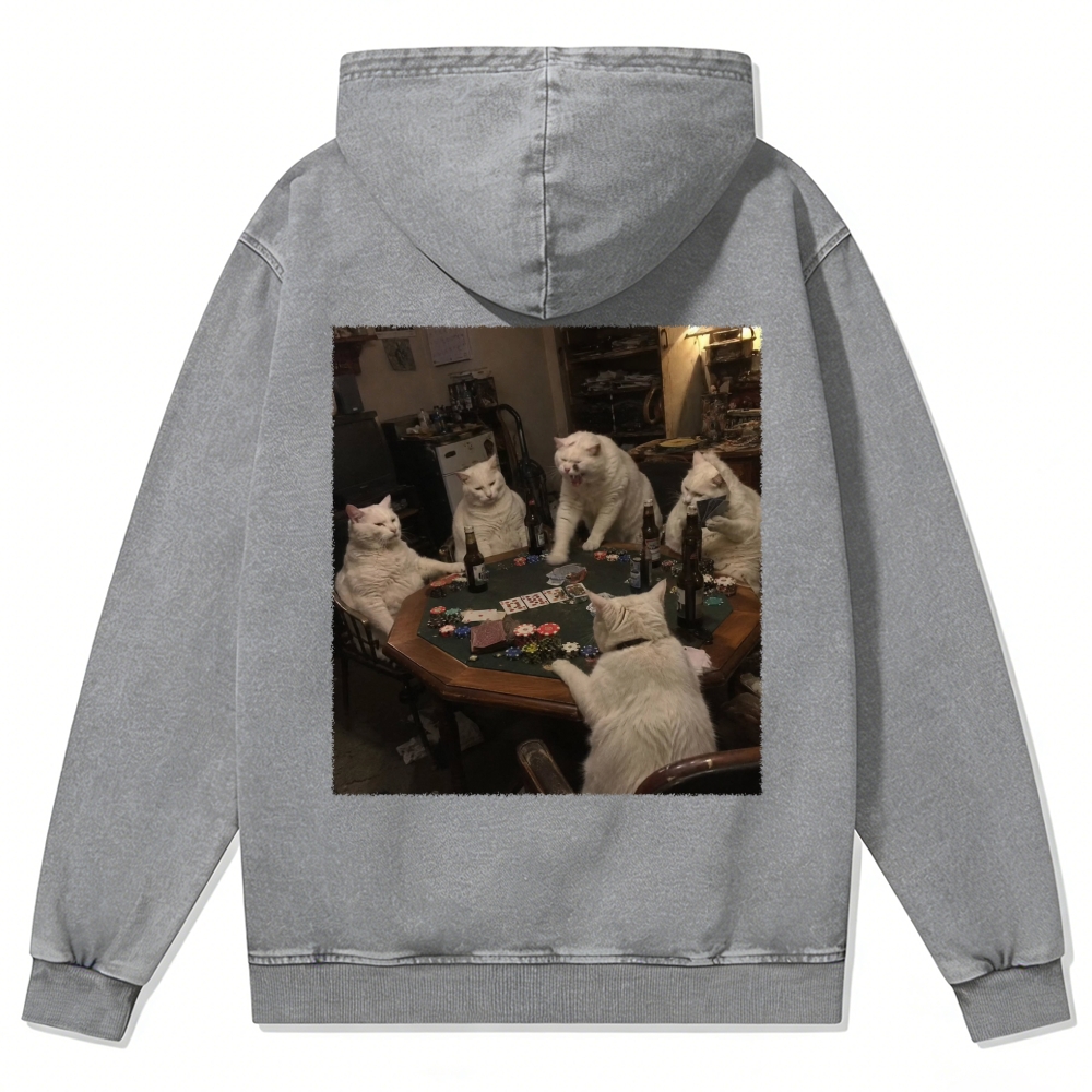 White Cats Mahjong Night Retro Washed Zip-Up Hoodie