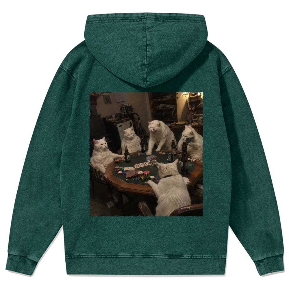 White Cats Mahjong Night Retro Washed Zip-Up Hoodie