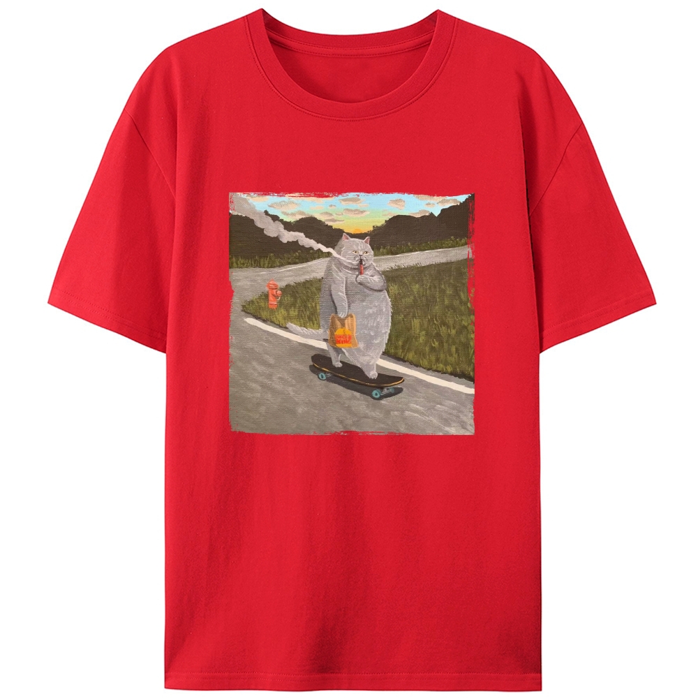 Skateboarding Smoking Cat Hardcore Retro Designed for Women - Slim Fit Cotton Tee