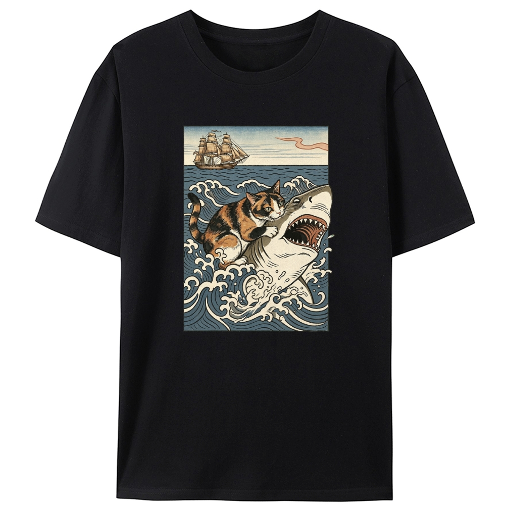 Ukiyo-e Cat Riding Shark Retro Designed for Women - Slim Fit Cotton Tee