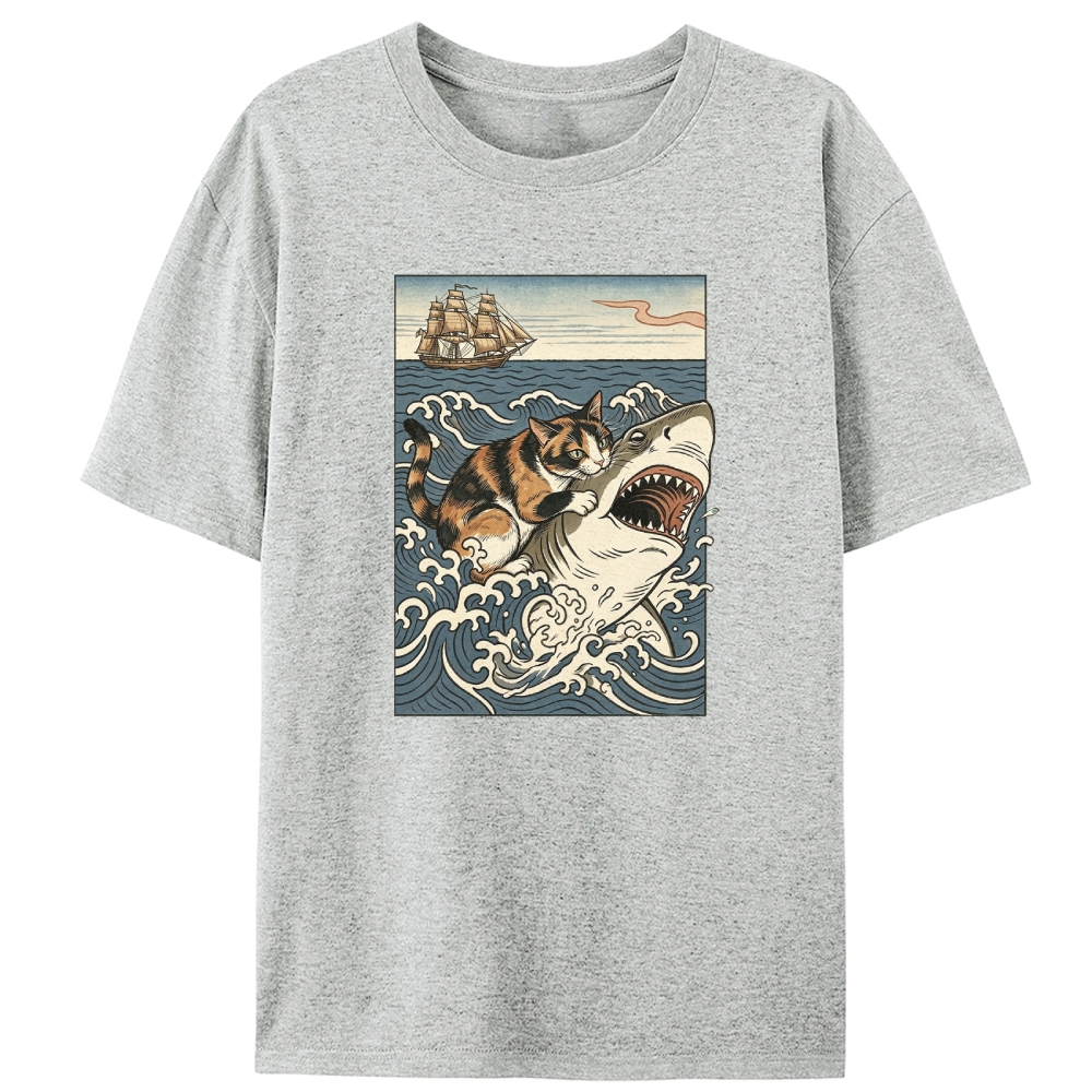 Ukiyo-e Cat Riding Shark Retro Designed for Women - Slim Fit Cotton Tee