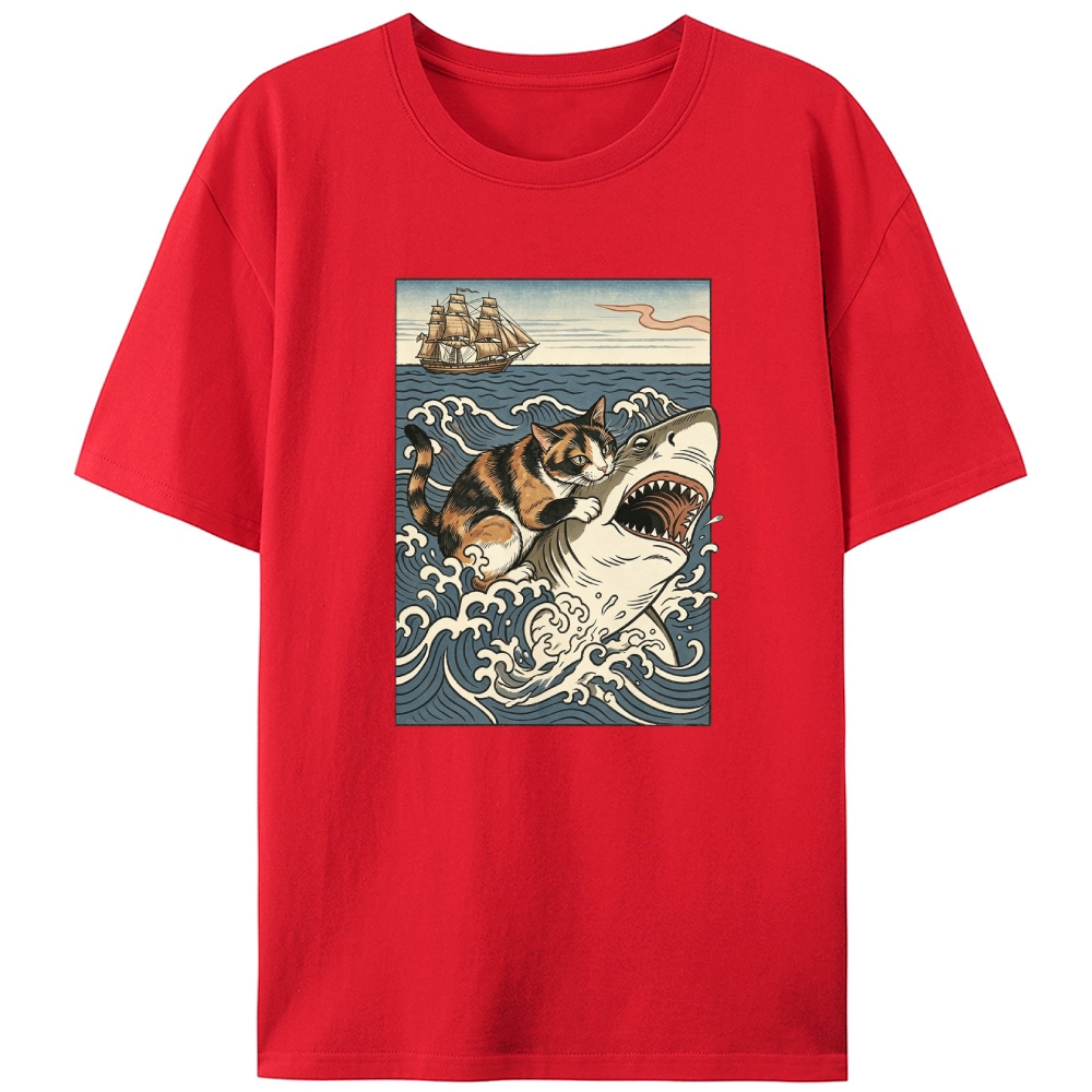 Ukiyo-e Cat Riding Shark Retro Designed for Women - Slim Fit Cotton Tee