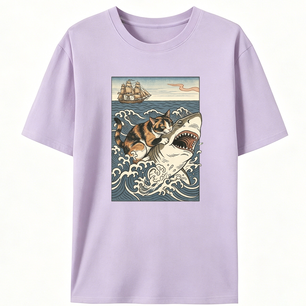Ukiyo-e Cat Riding Shark Retro Designed for Women - Slim Fit Cotton Tee