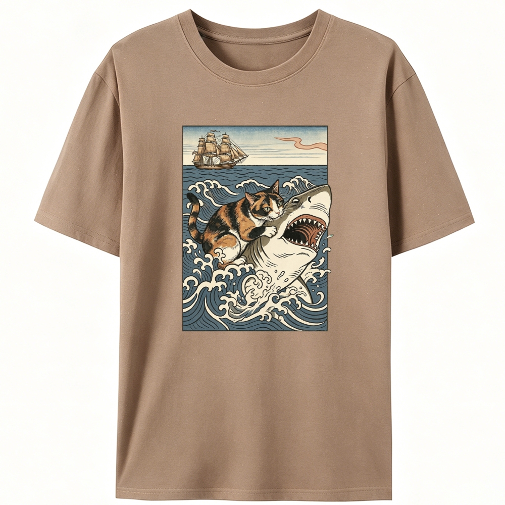 Ukiyo-e Cat Riding Shark Retro Designed for Women - Slim Fit Cotton Tee