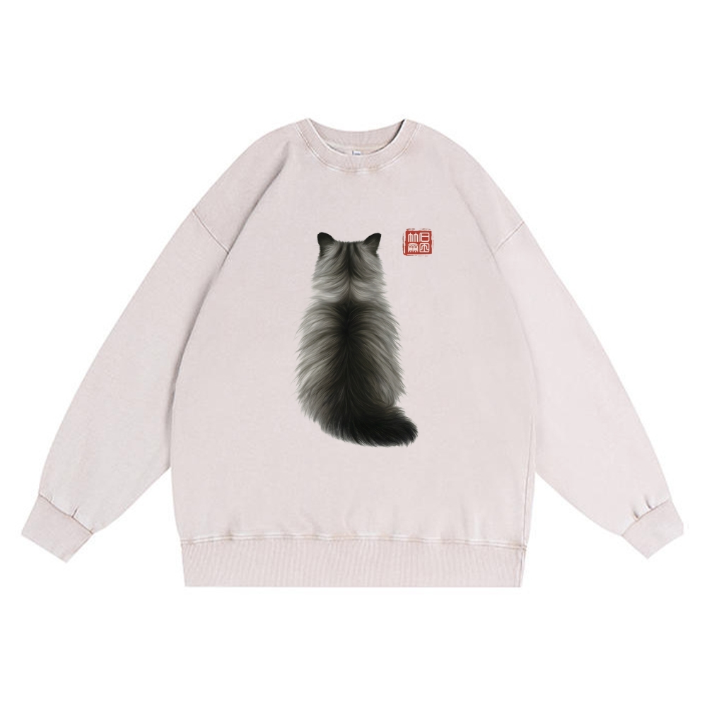 Ink Wash Cat Back Art Retro Premium Washed Cotton Crewneck Sweatshirt