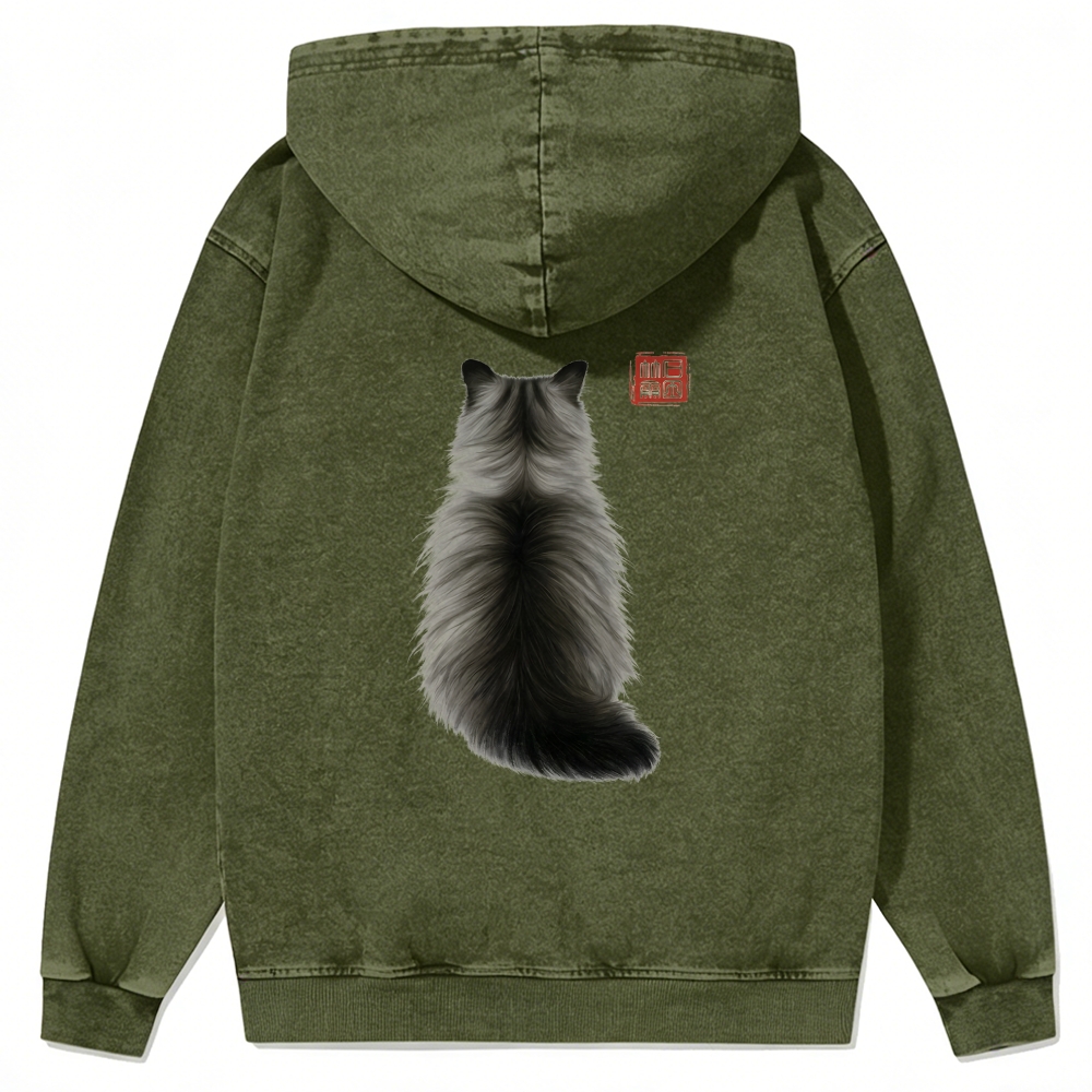 Ink Wash Cat Back Art Retro Washed Zip-Up Hoodie