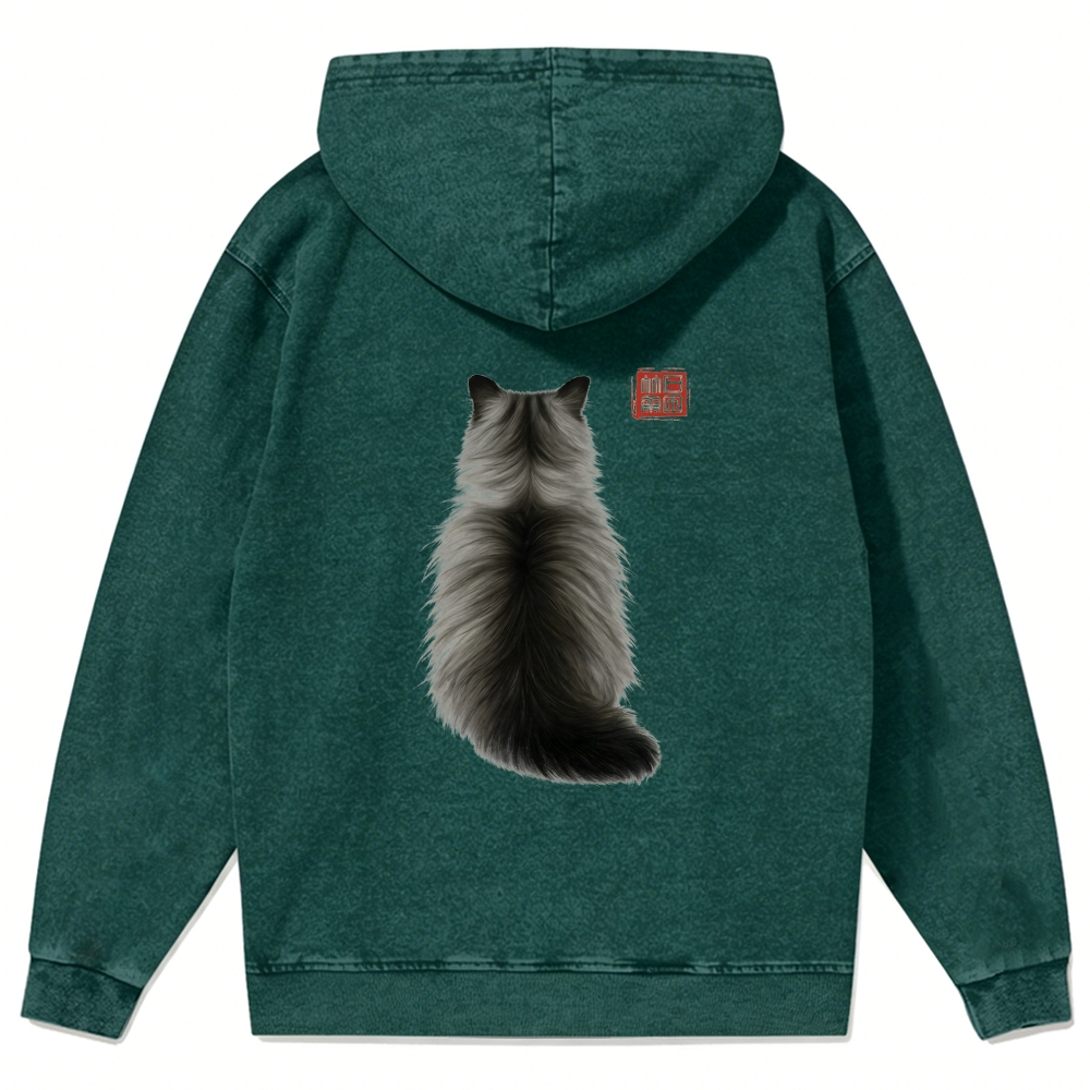 Ink Wash Cat Back Art Retro Washed Zip-Up Hoodie