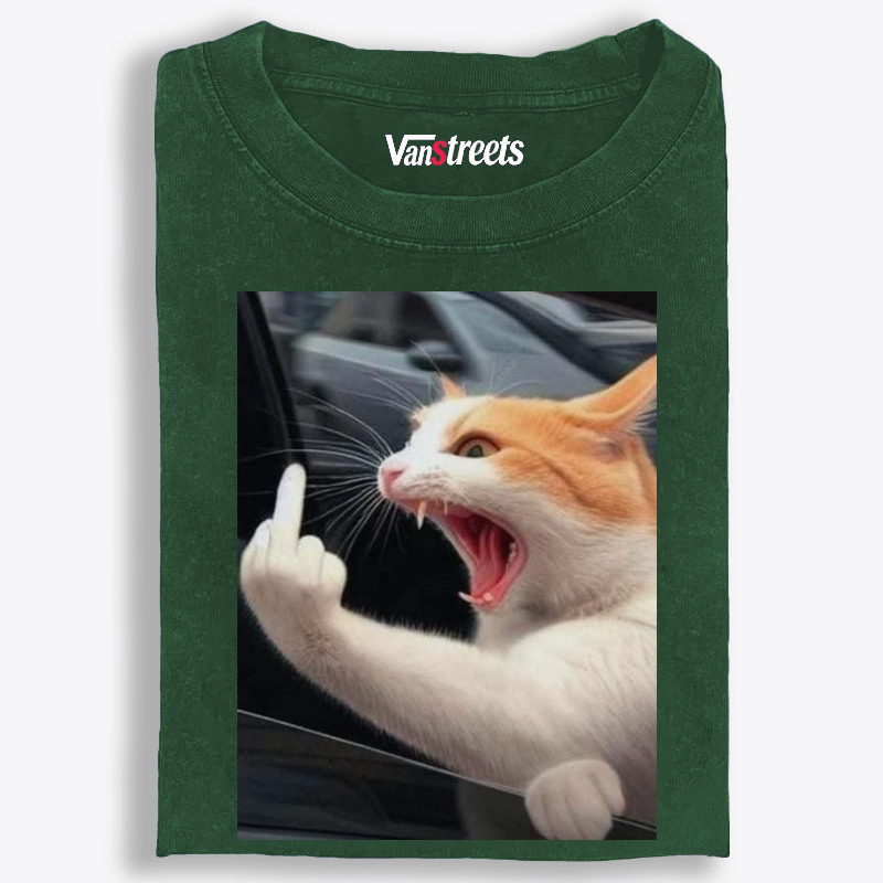 Middle Finger Cat Meme Retro Washed T-Shirt | 100% Cotton | Streetwear Essential