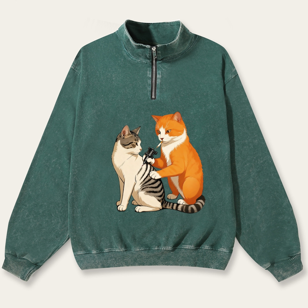 Tattoo Artist Orange Cat Retro Washed Zip-Up Mock Neck Sweatshirt