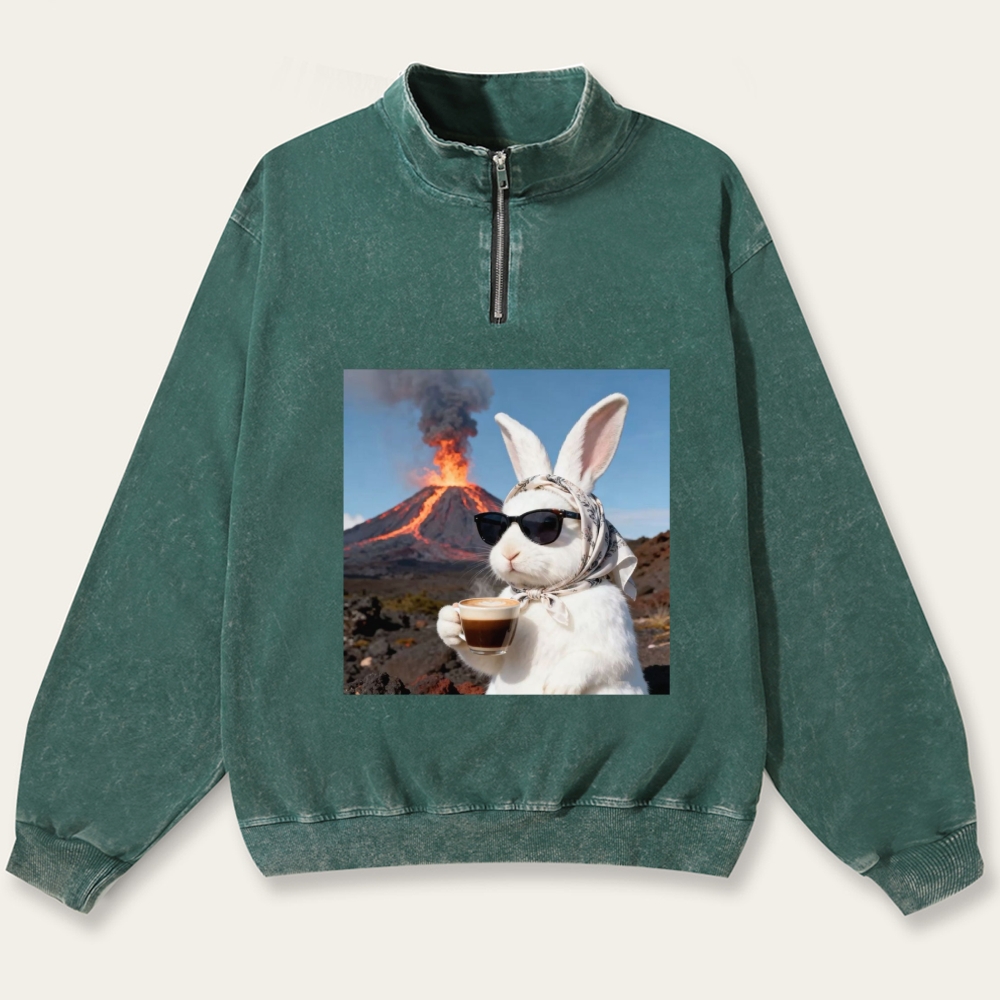 Volcano Coffee Bunny Retro Washed Zip-Up Mock Neck Sweatshirt