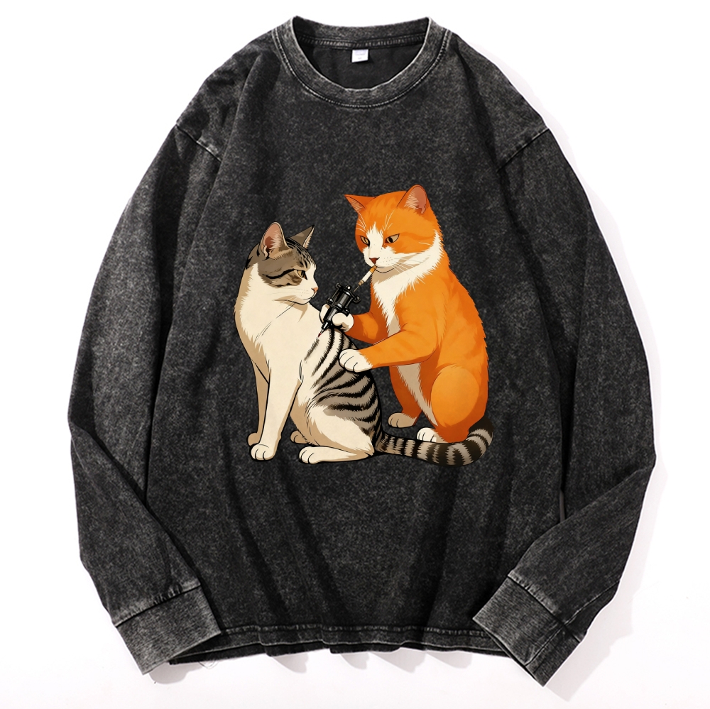Tattoo Artist Orange Cat Retro Washed Long Sleeve T-Shirt