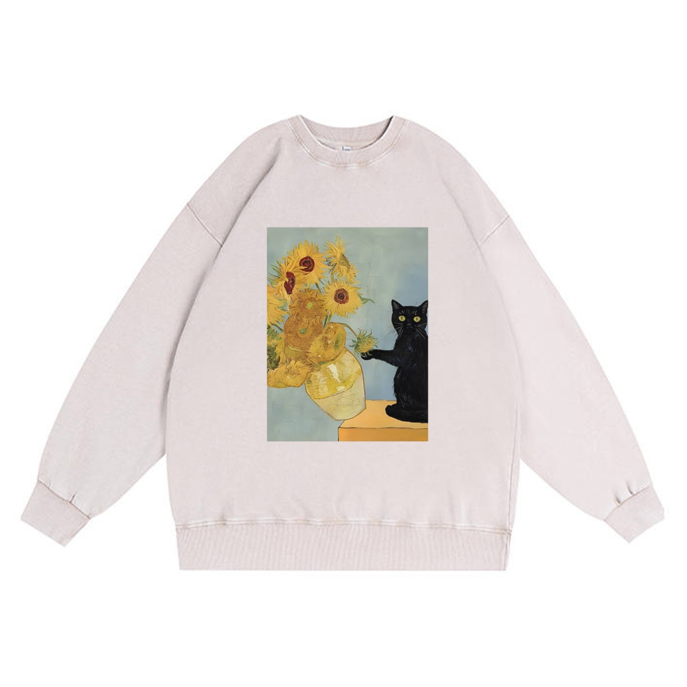 Van Gogh Sunflowers Black Cat Retro Premium Washed Cotton Crewneck Sweatshirt