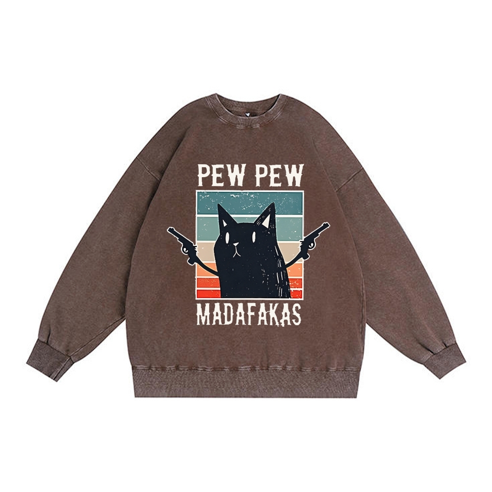 "Pew Pew Madafakas" Black Cat Retro Premium Washed Cotton Crewneck Sweatshirt