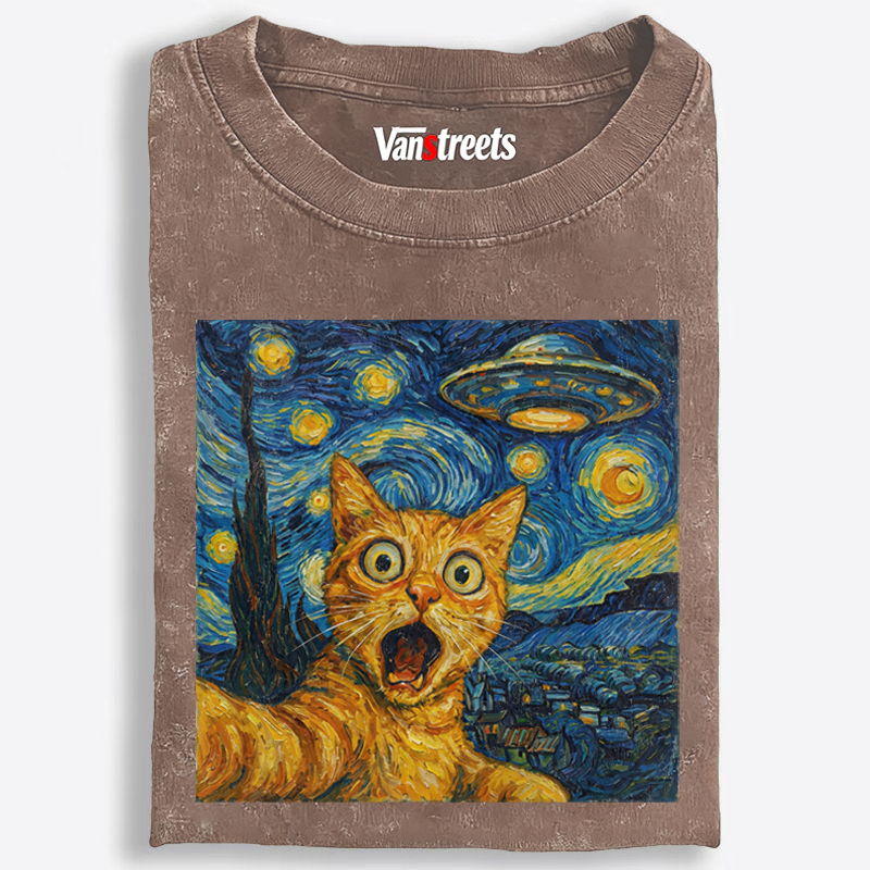 Cat in Starry Night with UFO Meme Retro Washed T-Shirt | 100% Cotton | Streetwear Essential