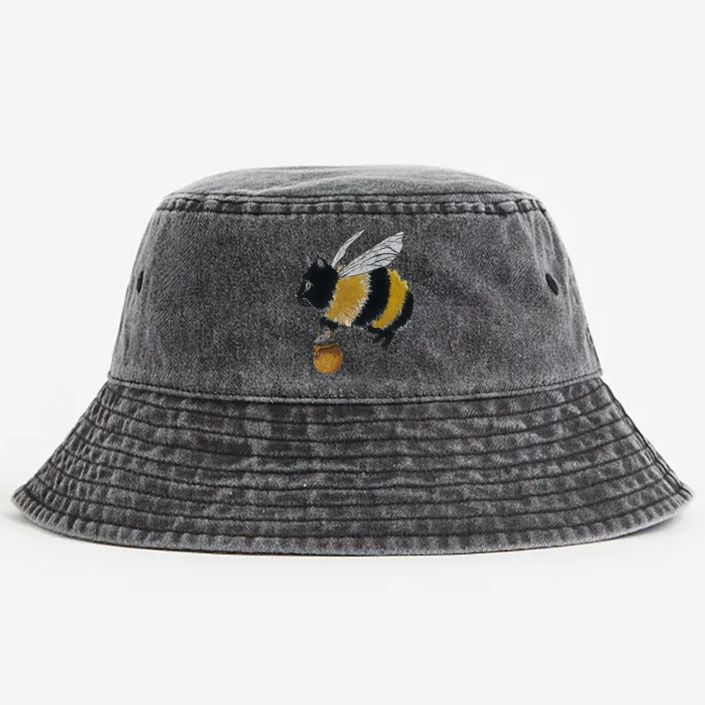 Bee Cat Catching Mouse Retro Vintage Washed Bucket Hat