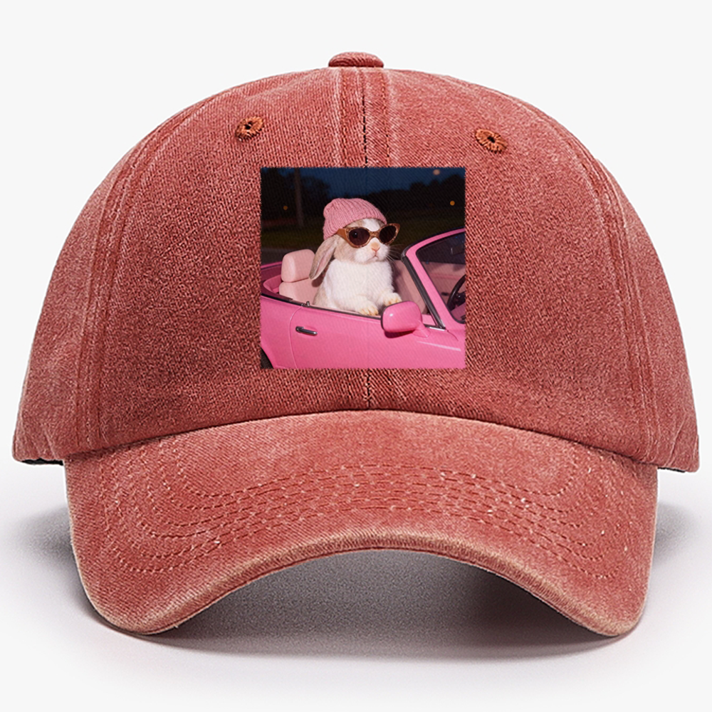 Pink Sports Car Cool Rabbit Retro Washed Baseball Cap