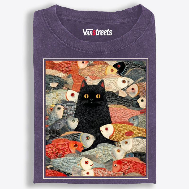 Black Cat Among Fish Art Retro Washed T-Shirt | 100% Cotton | Streetwear Essential