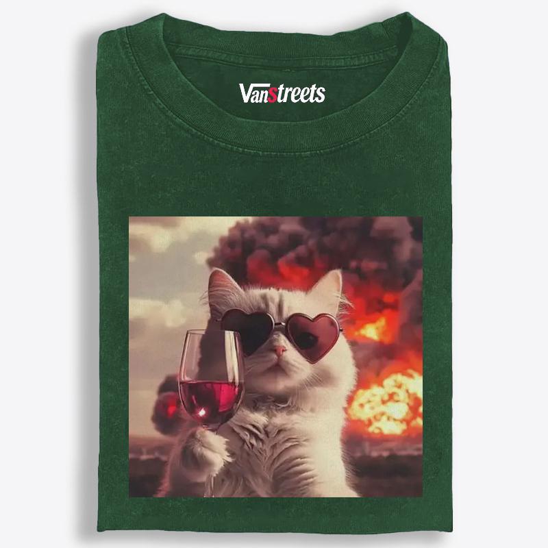 Cat with Wine & Explosion Meme Retro Washed T-Shirt | 100% Cotton | Streetwear Essential