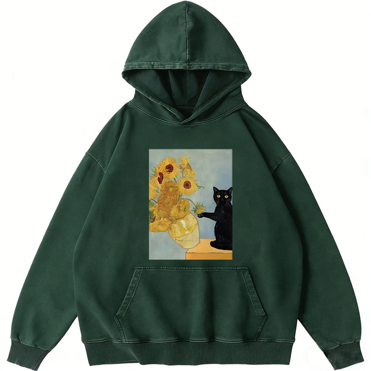Van Gogh Sunflowers Black Cat Retro Washed Hoodide | 100% Cotton | Streetwear Essential