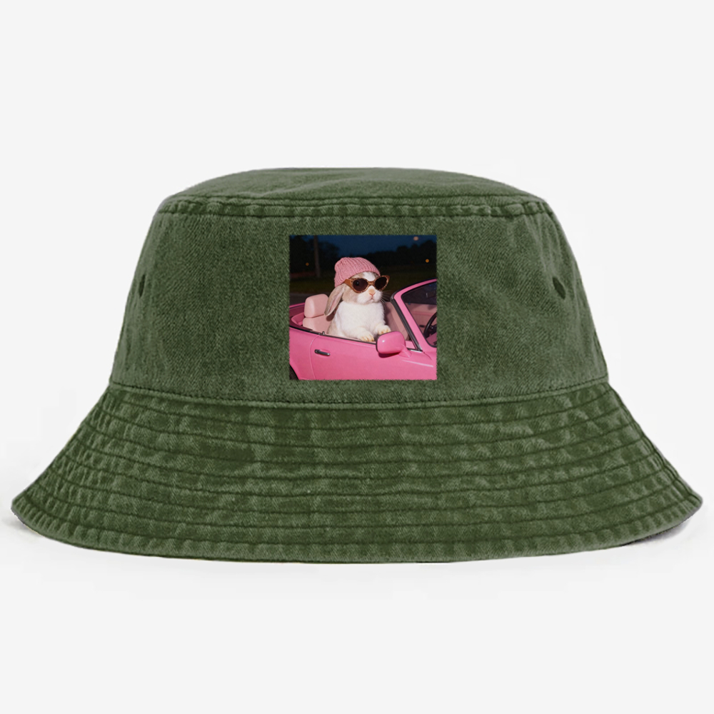 Pink Sports Car Cool Rabbit Retro Vintage Washed Bucket Hat