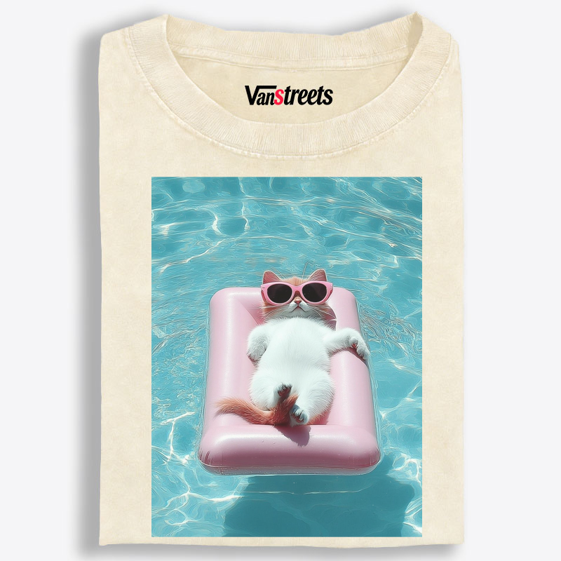 Cat’s Pink Summer Float Day Washed T-Shirt | 100% Cotton | Streetwear Essential