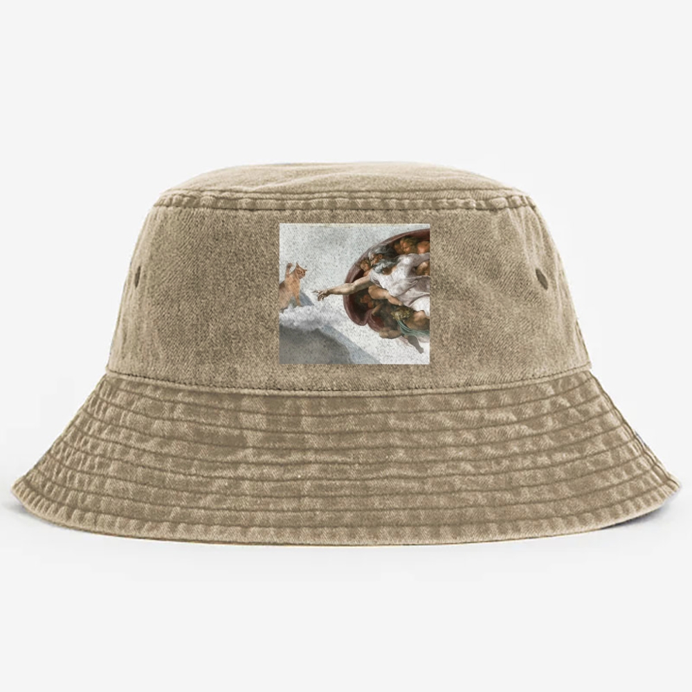 Cat Parody of "The Creation of Adam" Art Retro Vintage Washed Bucket Hat