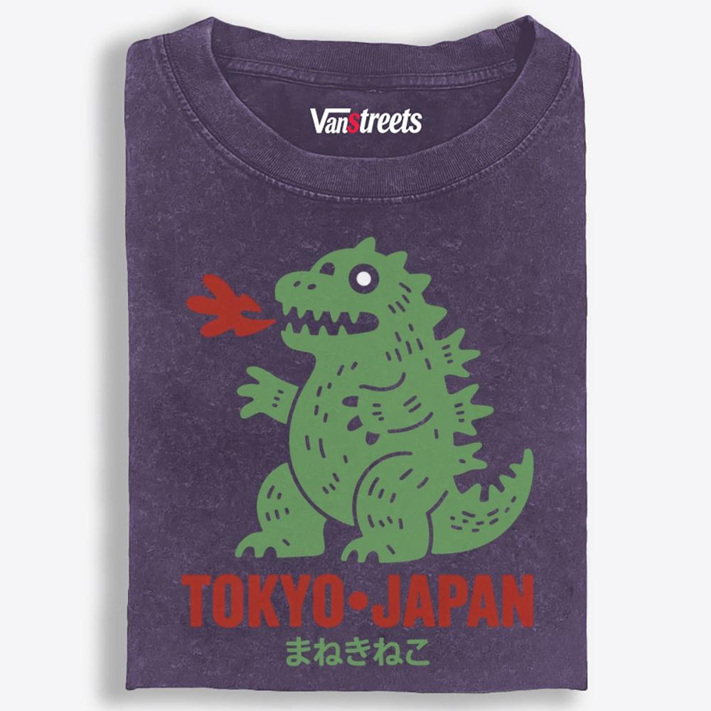 Maneki Neko Godzilla Tokyo Retro Washed T-Shirt | 100% Cotton | Streetwear Essential