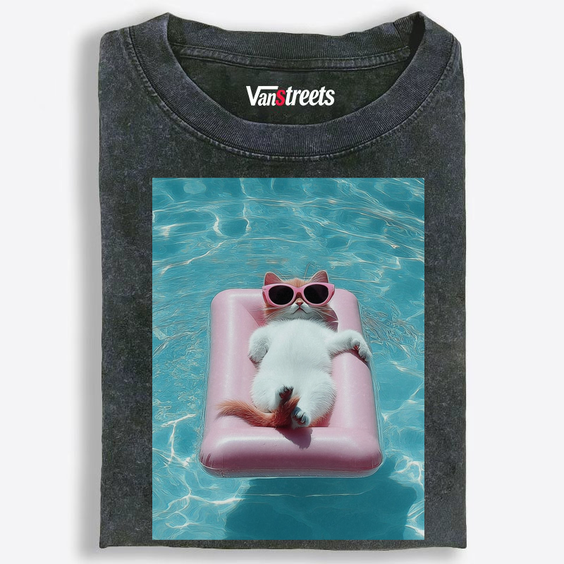 Cat’s Pink Summer Float Day Washed T-Shirt | 100% Cotton | Streetwear Essential