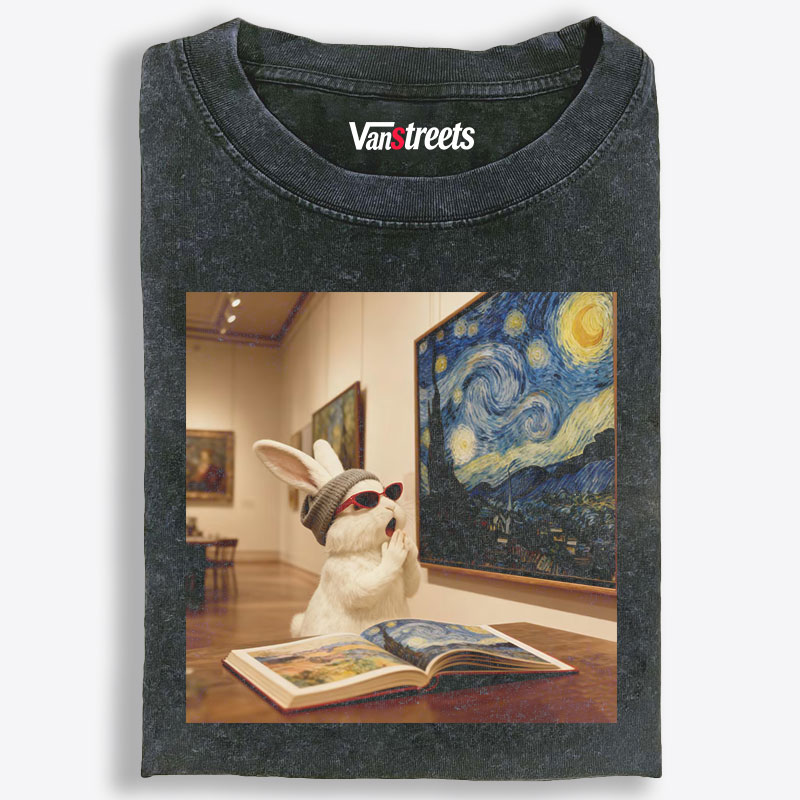 Art Bunny Admiring Starry Night Meme Retro Washed T-Shirt | 100% Cotton | Streetwear Essential