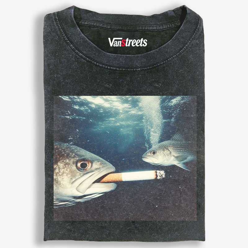 Fish Smoking Cigarette Underwater Meme Retro Washed T-Shirt | 100% Cotton | Streetwear Essential