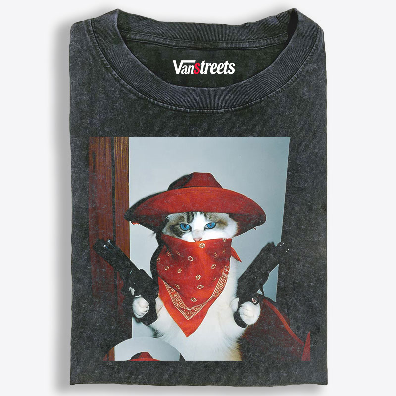 Cowboy Cat With Guns Meme Retro Washed T-Shirt | 100% Cotton | Streetwear Essential