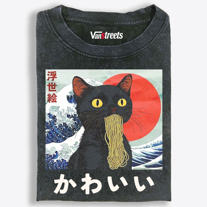 Ukiyo-e Ramen Cat Retro Washed T-Shirt | 100% Cotton | Streetwear Essential