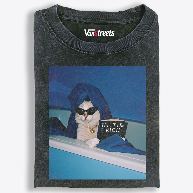 Rich Cat Reading How To Be Rich Meme Retro Washed T-Shirt | 100% Cotton | Streetwear Essential