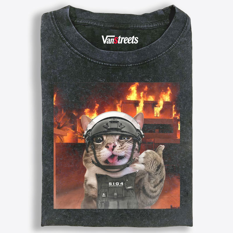 Tactical Cat In Fire Meme Retro Washed T-Shirt | 100% Cotton | Streetwear Essential
