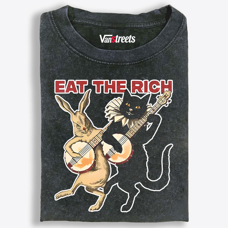 Eat the Rich (Cat & Rabbit) Retro Washed T-Shirt | 100% Cotton | Streetwear Essential