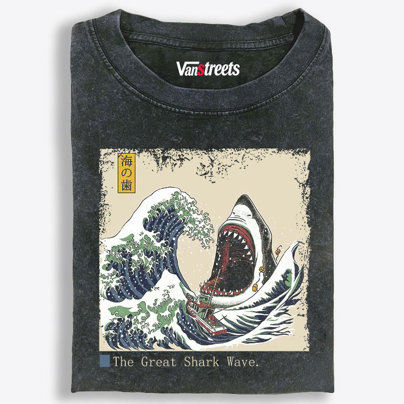 The Great Shark Wave Ukiyo-e Retro Washed T-Shirt | 100% Cotton | Streetwear Essential