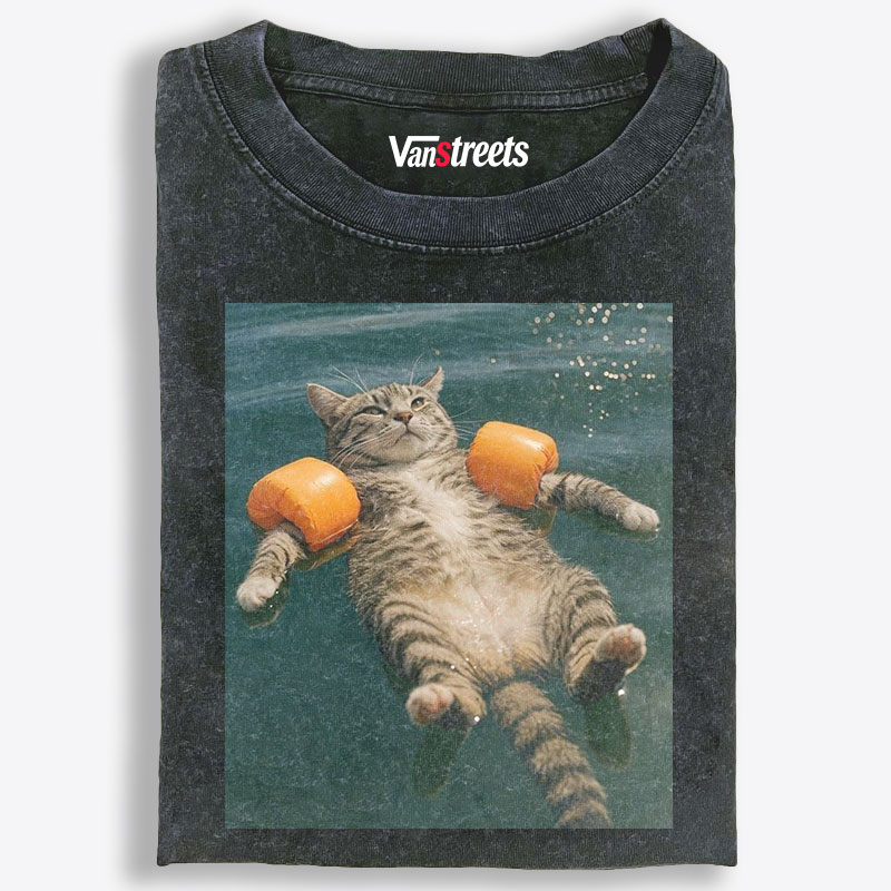Tabby Cat With Arm Floaties Swimming Meme Retro Washed T-Shirt | 100% Cotton | Streetwear Essential