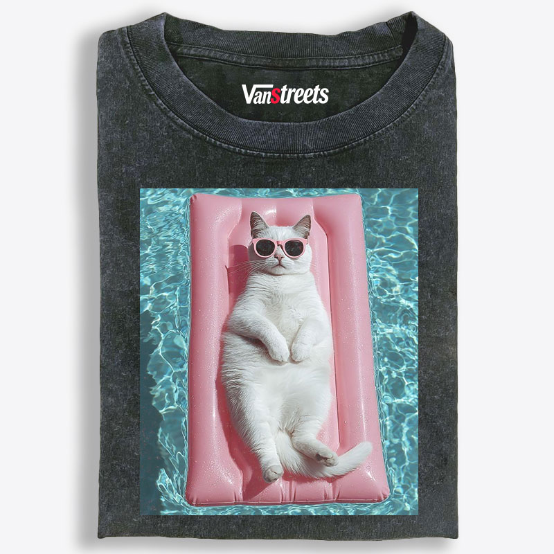 White Cat On Pink Pool Float Meme Retro Washed T-Shirt | 100% Cotton | Streetwear Essential