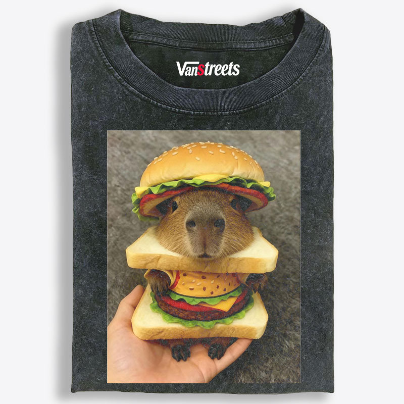 Burger Capybara Meme Retro Washed T-Shirt | 100% Cotton | Streetwear Essential