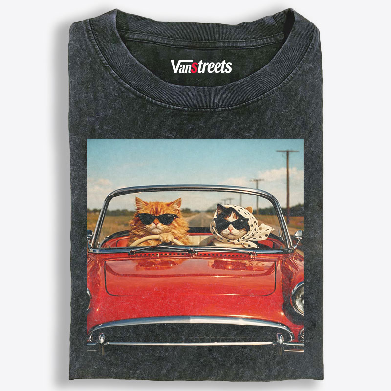 Cats In Red Convertible Road Trip Meme Retro Washed T-Shirt | 100% Cotton | Streetwear Essential