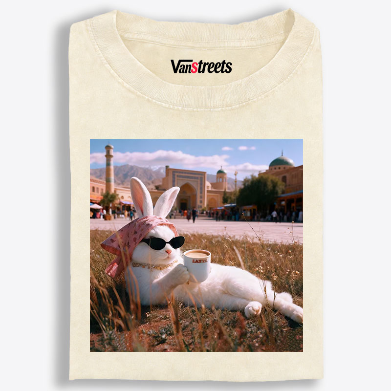 Rabbit Drinking Tea Uyghur Style Retro Washed T-Shirt | 100% Cotton | Streetwear Essential