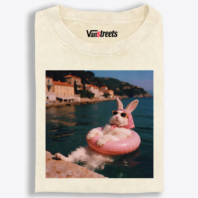 Rabbit On Vacation Swimming Ring Retro Washed T-Shirt | 100% Cotton | Streetwear Essential