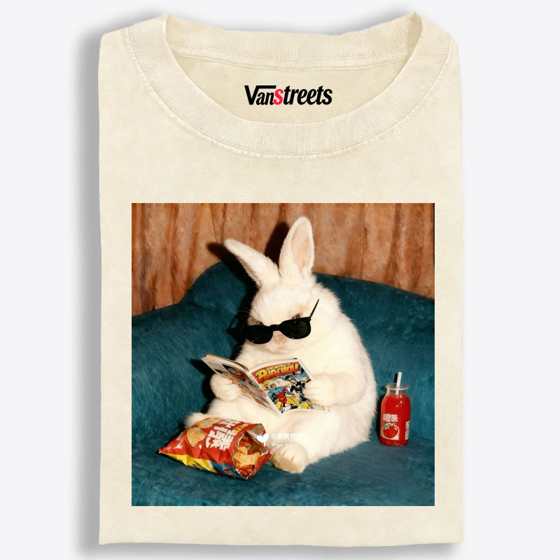 Rabbit Reading Comic Book Cool Cat Retro Washed T-Shirt | 100% Cotton | Streetwear Essential