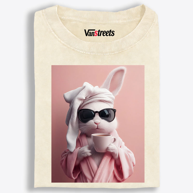 Bunny in Bathrobe Morning Coffee Retro Washed T-Shirt | 100% Cotton | Streetwear Essential